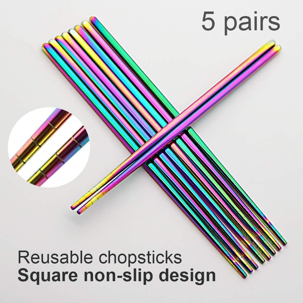 Stainless Steel Chopsticks Reusable Multicolor Lightweight 304 Metal Chopsticks Dishwasher Safe - 5 Pairs (Rainbow)