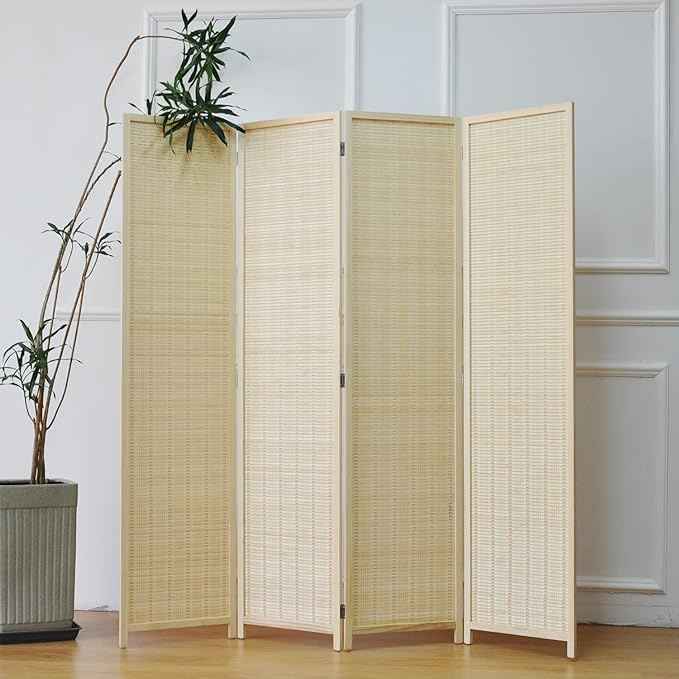4 Panel Bamboo Room Divider and Folding Panel Screen,Bamboo Panel Divider for Room Separation,Beige,67" H x 61.4" W