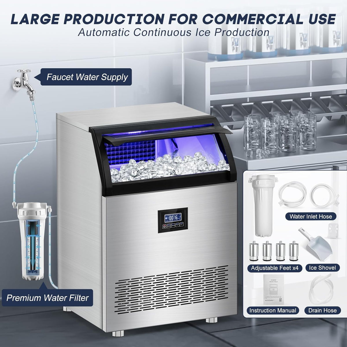Commercial Ice Maker Machine 360LBS/24H with 80LBS Storage Bin, 126PCS Ice Cubes Ice Machine Stainless Steel Undercounter/Freestanding Ice Maker for Home Bar Outdoor, Self Cleaning