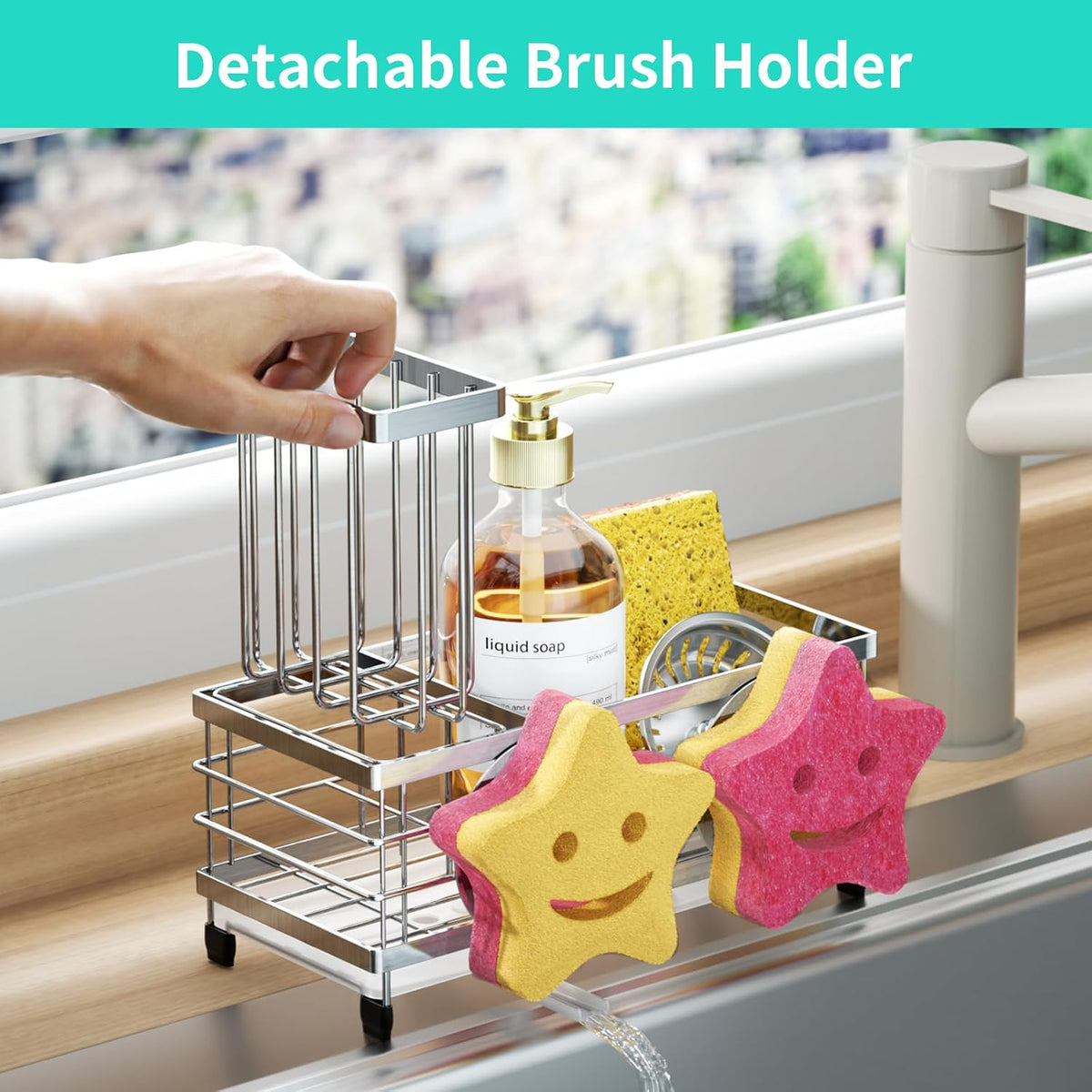 HapiRm Sink Caddy Sponge Holder - Self-draining Kitchen Sink Organizer with Smiley Face and Brush Holder, Stainless Steel Kitchen Sponge Caddy for Countertop - Silver