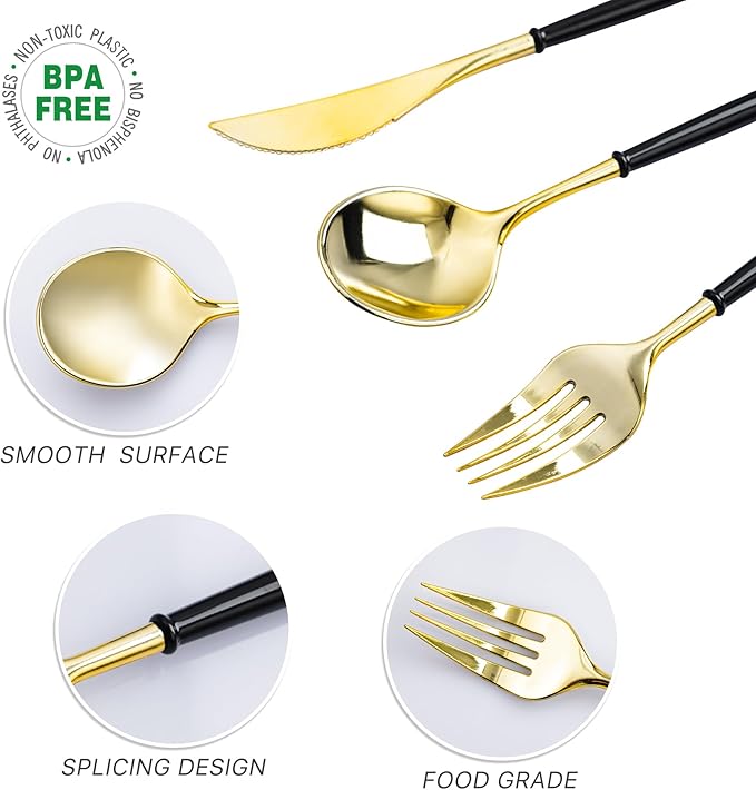 N9R Gold Plastic Cutlery Set - 90pcs with Black Handle - Fancy Plastic Silverware, Heavy Duty - 30 Spoons, 30 Forks, 30 Knives for Halloween and Everyday Use