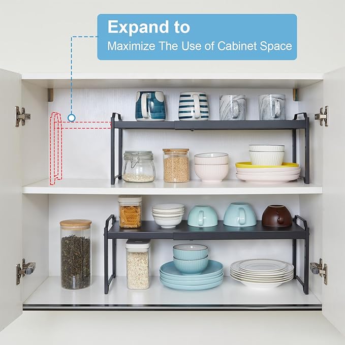 1 Pack Expandable Cabinet Countertop Shelves, Stackable Shelves Organizers for Kitchen Cabinet Countertop Storage, Adjustable Counter Cupboard Pantry Organizer Shelf Rack Stand, Length:25.5"