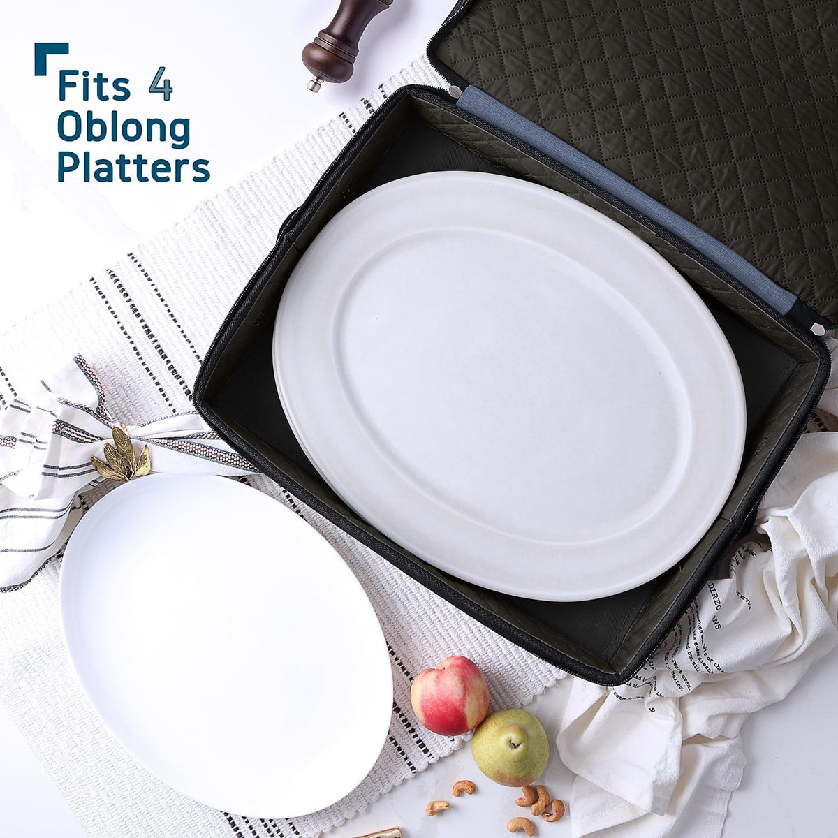 Platter Storage Case – Fine China Storage Containers Hard Shell, Quilted and Stackable 16”x 12.5”x 3.5” Platter Storage Container with Handles and Felt Dividers for Moving and Seasonal Storage, Blue