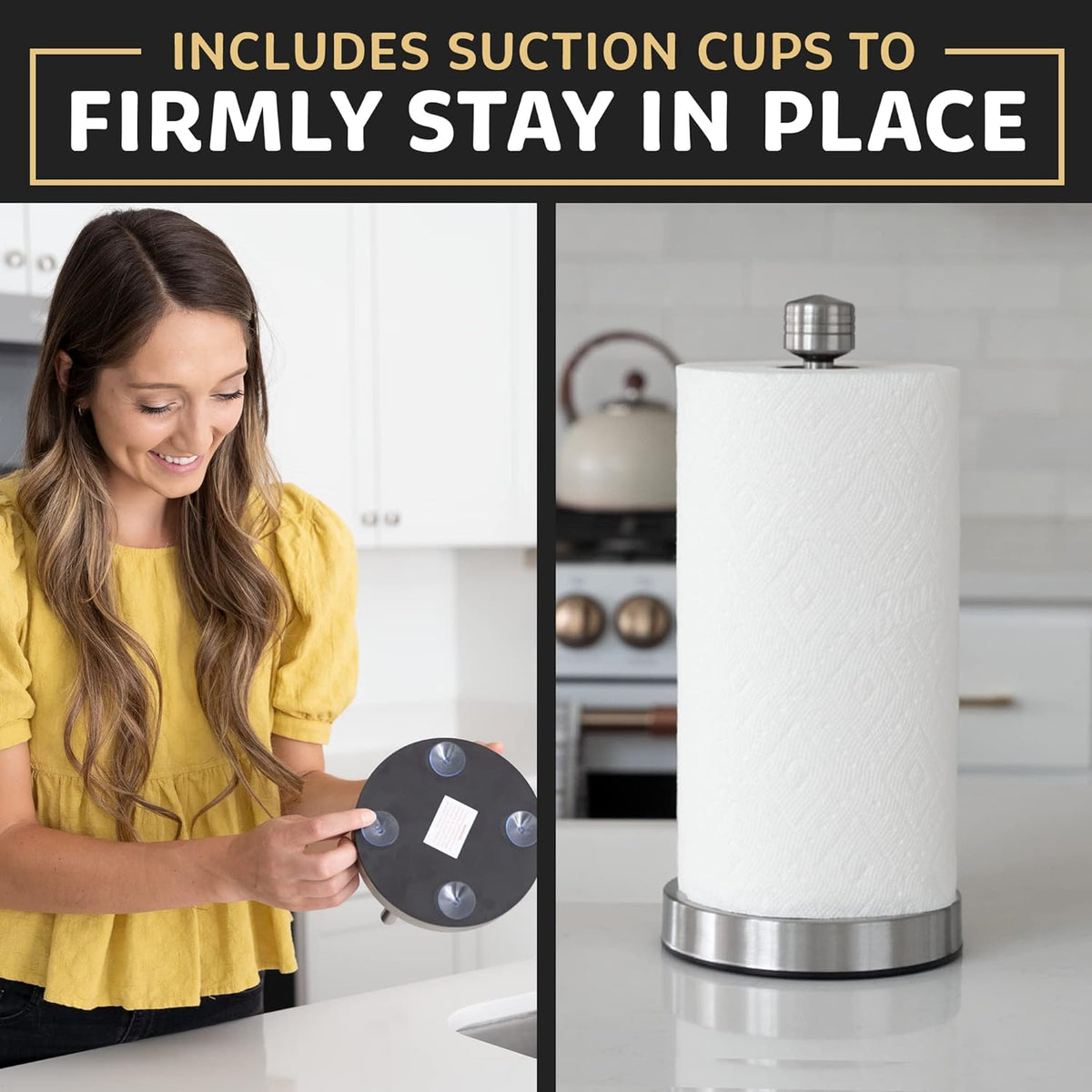 Stainless Steel Paper Towel Holder Designed for Easy One-Handed Operation - This Sturdy Weighted Paper Towel Dispenser Countertop Model Has Suction Cups and Holds All Paper Towel Rolls