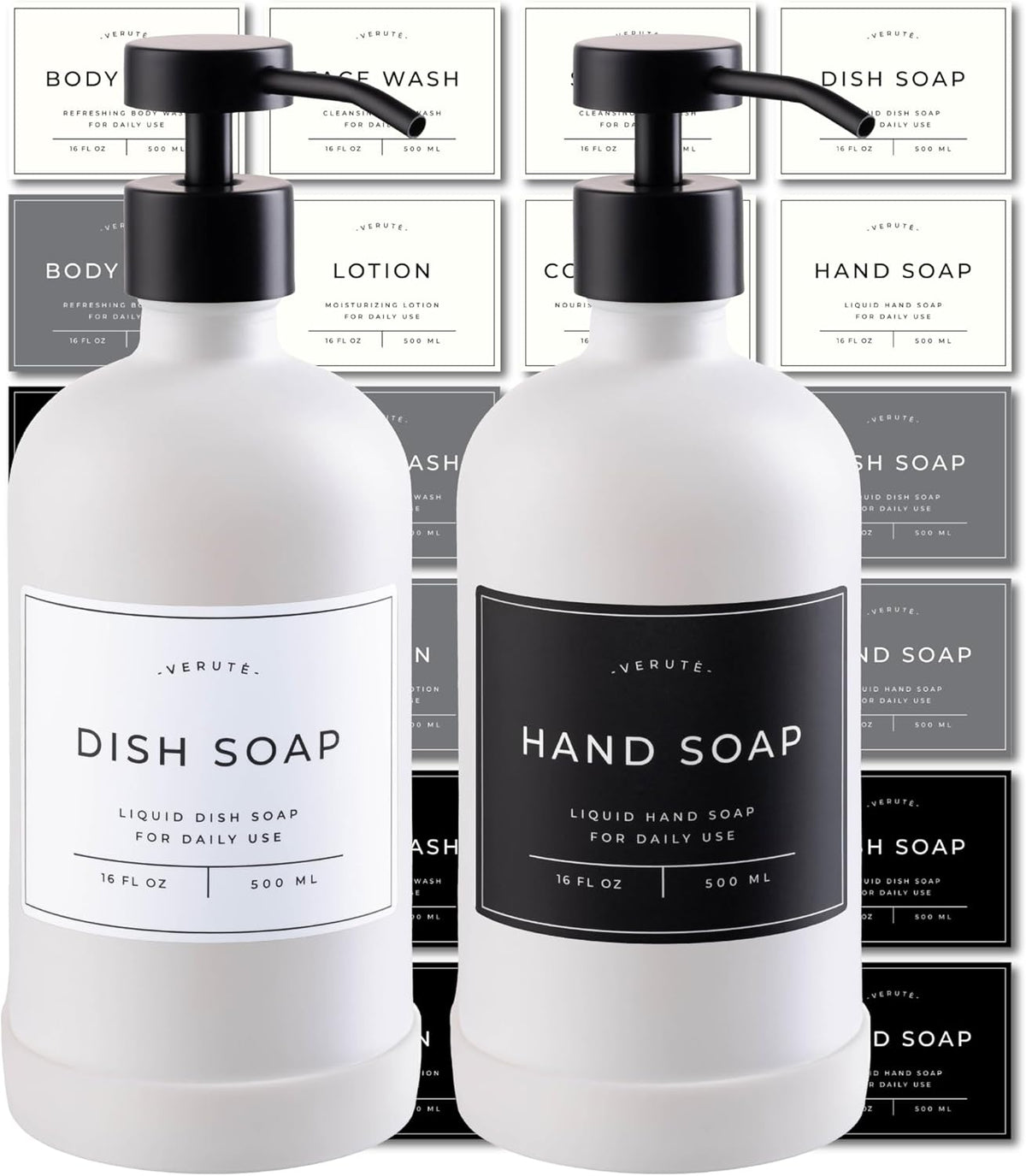 16oz Glass Soap Dispenser with Stainless Steel Pump, 21 Waterproof Labels, Non-Slip Protective Silicone Pad, Set of 2 for Bathroom & Kitchen (Matte White Bottle/Black Pump)