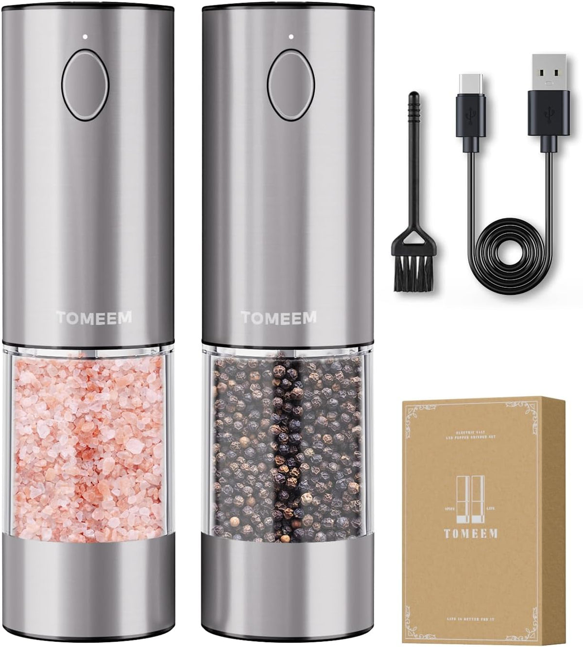 TOMEEM Upgraded Larger Capacity Electric Salt and Pepper Grinder Set Rechargeable with LED lights, Stainless Steel Automatic Pepper and Salt Grinder Refillable with 5 Adjustable Coarseness Gray