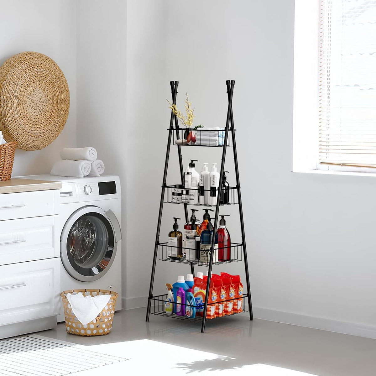 Wire Basket Stand for Kitchen and Bathroom 4 Tier Fruit Storage Basket Metal Floor Standing Vegetable Holder, Black
