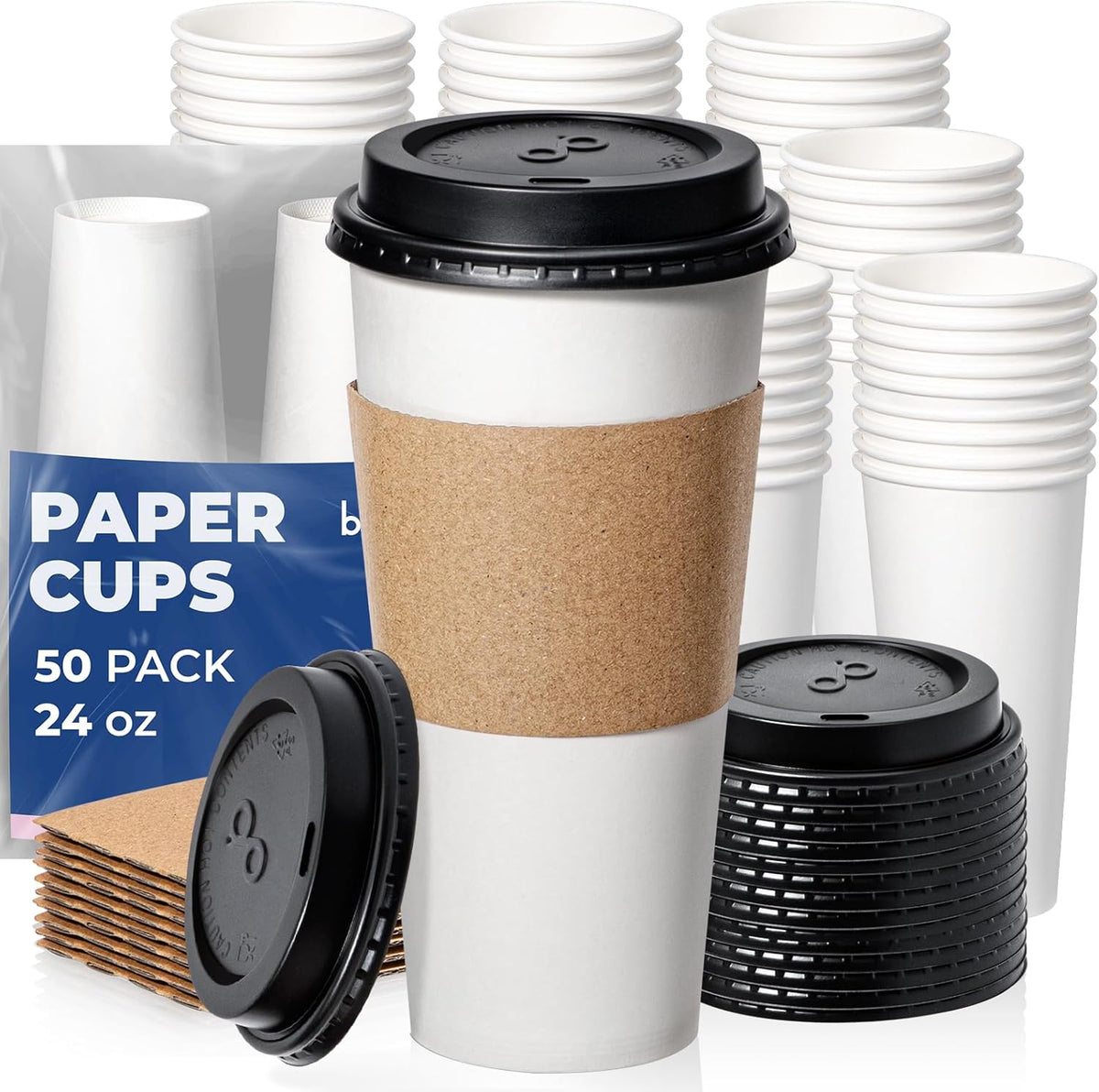 Fit Meal Prep 24 oz 50 Pack To Go Coffee Cups with Lids and Sleeves, Disposable Paper Coffee Cups with Lids for Hot/Cold Beverage