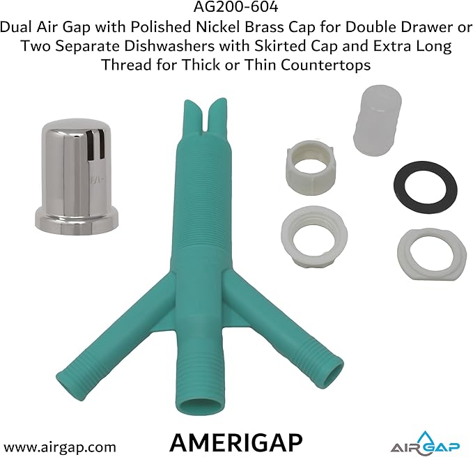 Dual Air Gap with Polished Nickel Brass Cap for Double Drawer or Two Separate Dishwashers with Skirted Cap and Extra Long Thread for Thick or Thin Countertops (AG200-604, AG200-X04,AMERIGAP)