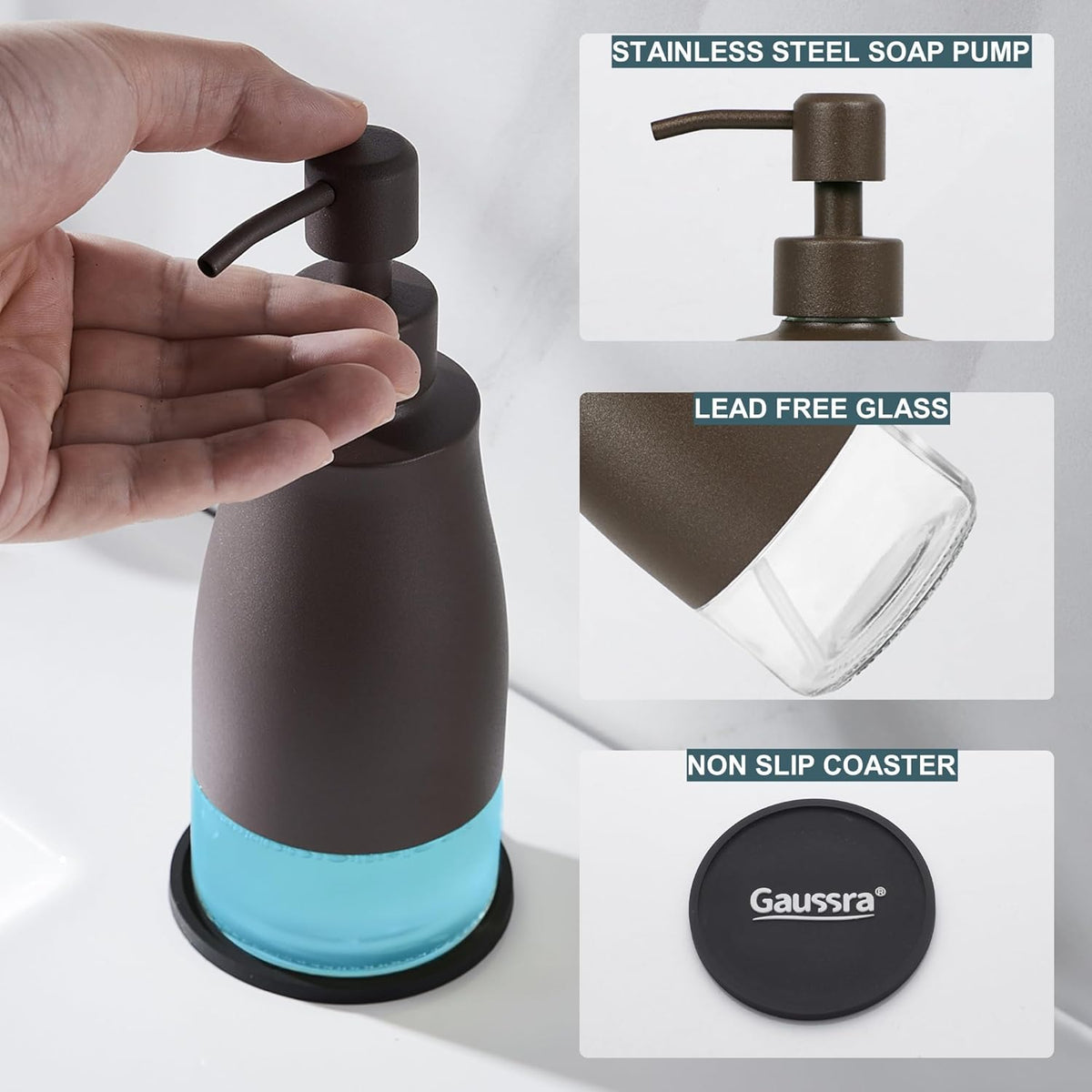 Bronze Soap Dispenser with Coaster and Stickers, Stainless Steel and Glass Bottle Hand Pump Dispenser, Refillable Liquid Hand Soap Dispenser for Bathroom & Kitchen (11OZ / 320ML)