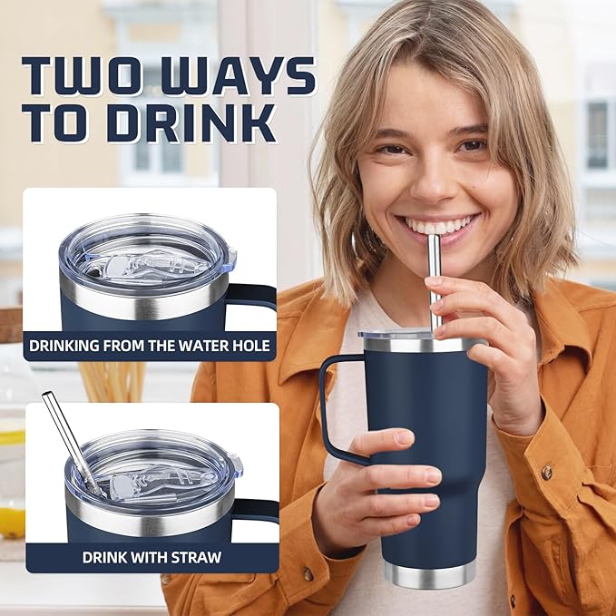20 oz Tumbler with Handle Stainless Steel Insulated Coffee Mug Tumbler with Lid and Straw Double Wall Vacuum Insulated Coffee Mug Leak Proof Travel Mug Tumbler for Hot and Cold Drink (Navy Blue,1pack)