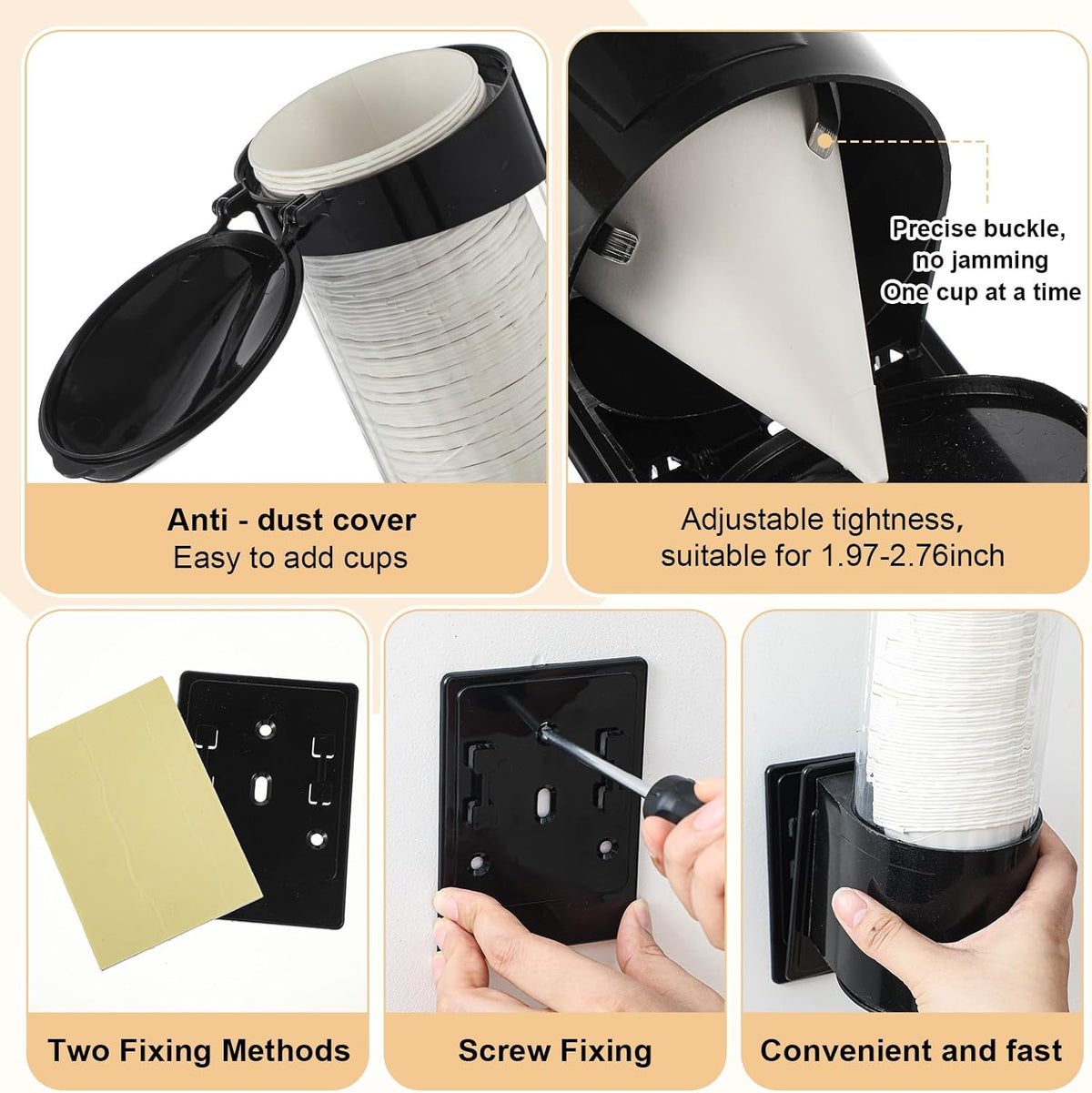 Roshtia 1000 Pcs 4 oz Paper Cone Cups Thicken Disposable with 1 Cups Dispenser Pull Type Wall Mount Cup Holder Paper for Restaurants, Home, and Office, and Shaved Ice, Cold (Black)