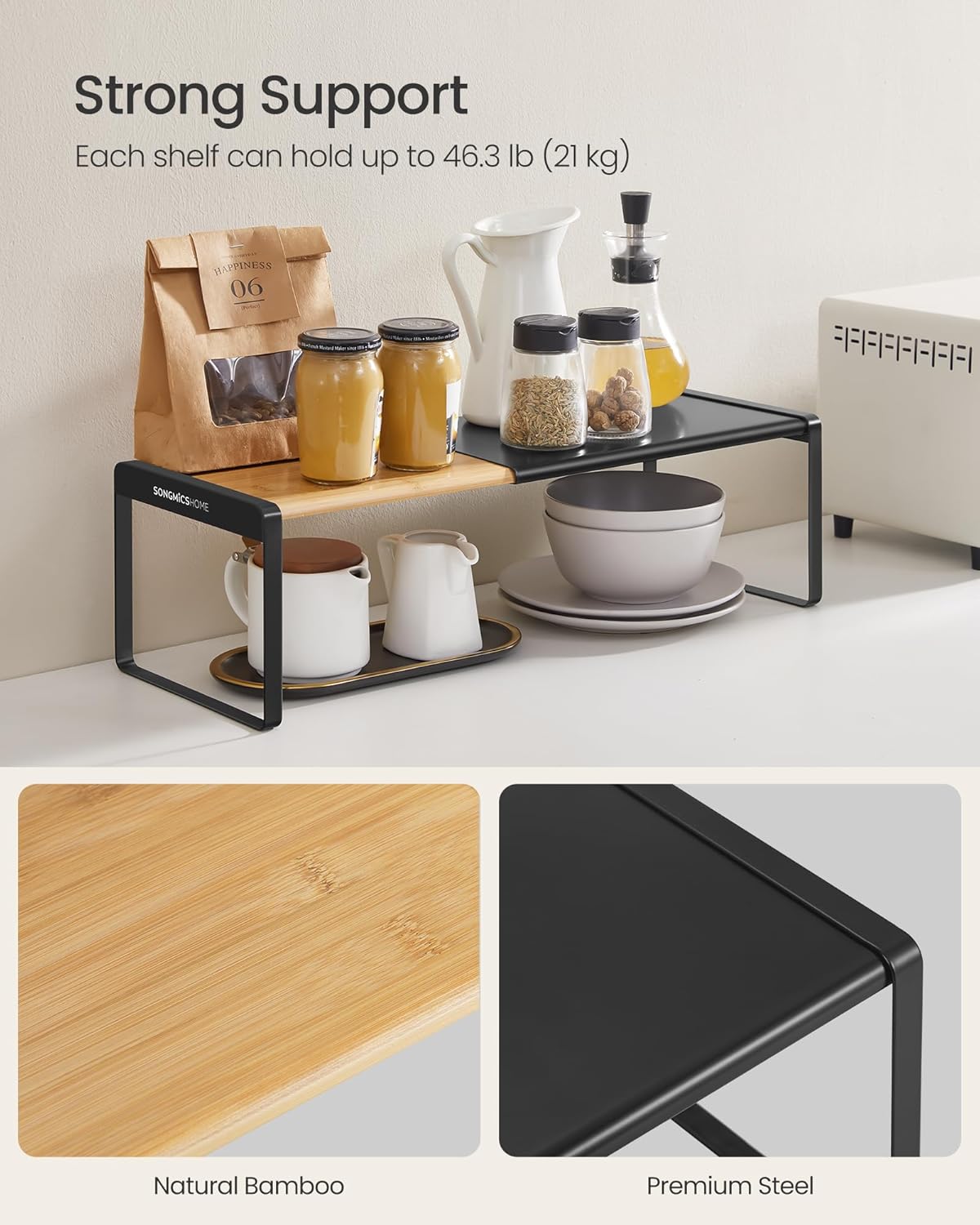 SONGMICS HOME Spice Racks, Expandable Cupboard Shelf Orgnizers, Kitchen Counter Shelves, Bamboo and Metal, Space-Saving Shelving, Stackable, Light Bamboo and Ink Black UKCS051B01