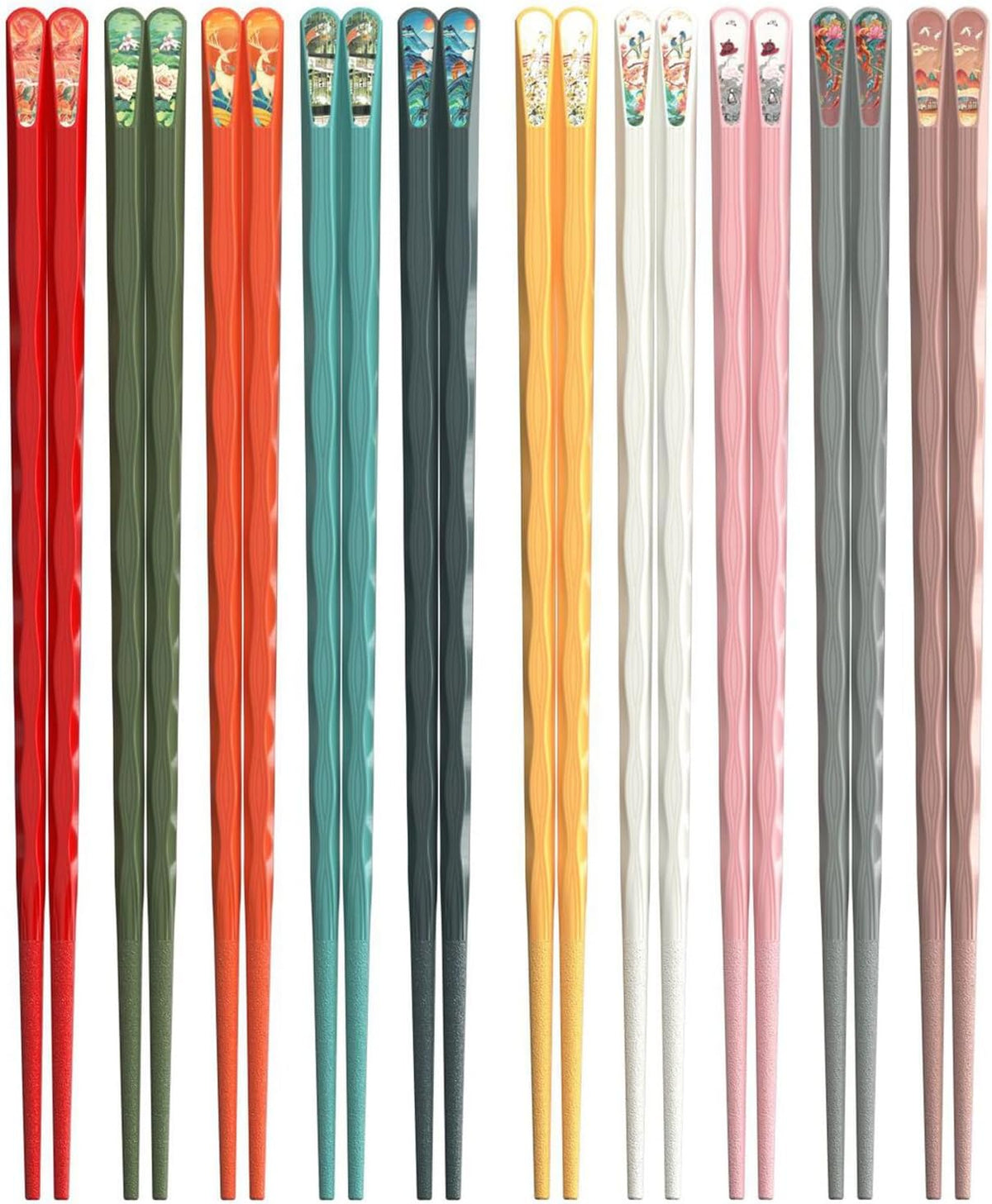 10 Pairs Reusable Chopsticks, 9.5-Inch Dishwasher Safe, Heat-Resistant, Non-Slip, Colorful Chinese Style Chopsticks with Unique Pattern Designs (Wavy)