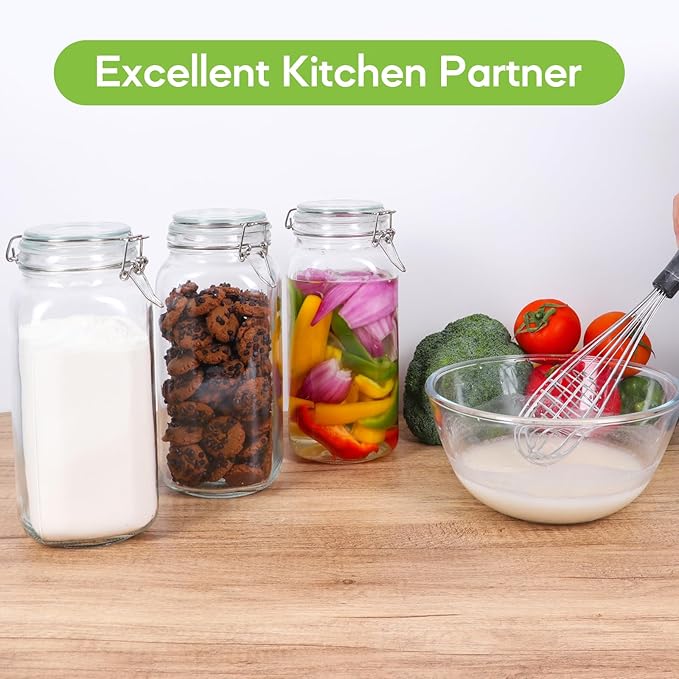 EkkoVla 78 oz Glass Food Storage Jars with Airtight Clamp Lids, Set of 3 Kitchen Canisters, Square Mason Jars Containers for Pasta, Coffee, Candy, Flour, Cereal, Dog Treats, Snacks and Canning