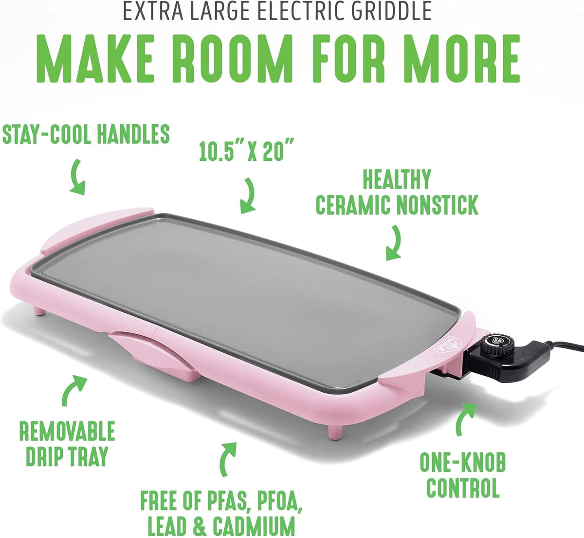 GreenLife 20” Extra Large Electric Griddle, Non-Toxic PFAS-Free Ceramic Nonstick, Temperature Control, Quick Even Heating, Removable Drip Tray, Pancakes, Eggs, Sausage, Easy Clean, Pink