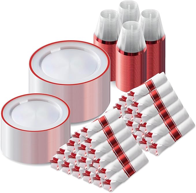 Goodluck 700 Piece Red Plastic Dinnerware Set for Party, Clear Disposable Plates for 100 Guests, Include: 100 Dinner Plates, 100 Dessert Plates, 100 Pre Rolled Napkins with Cutlery Set, 100 Cups