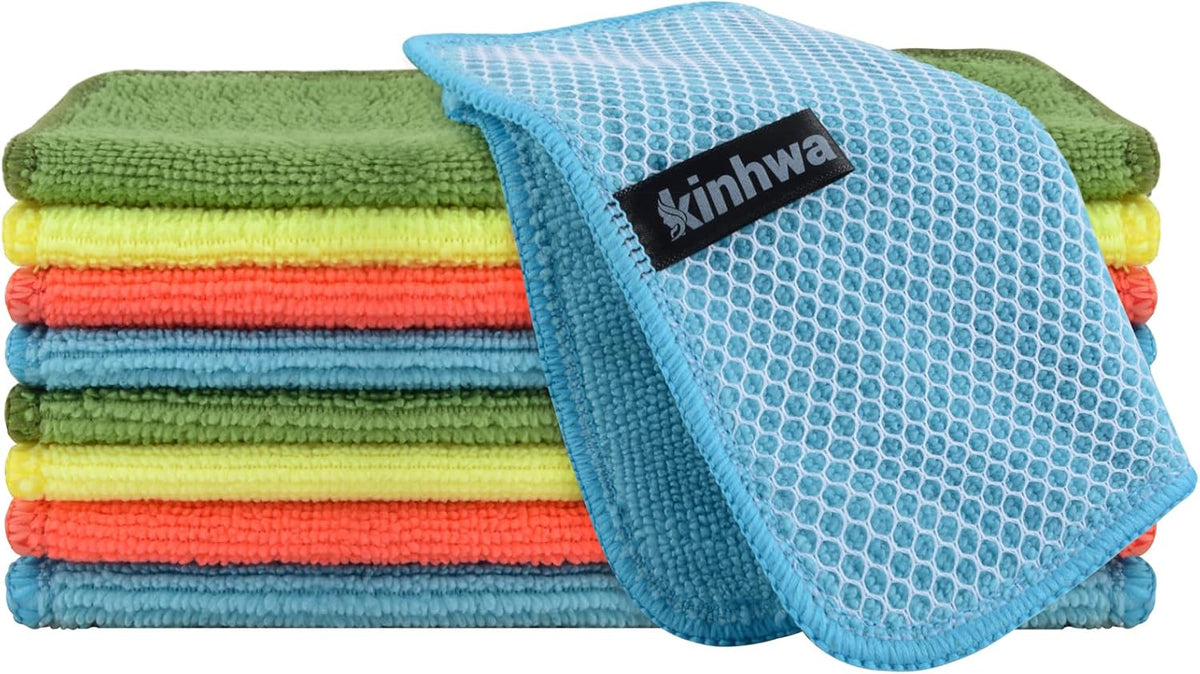 KinHwa Kitchen Washcloths for Dishes Absorbent Microfiber Dish Cloths Quick Dry Dish Rags with Poly Scour Scrub Side Ideal for Kitchen Cleaning (Mixing Colors #1, 7inchx7inch 9 Pack)