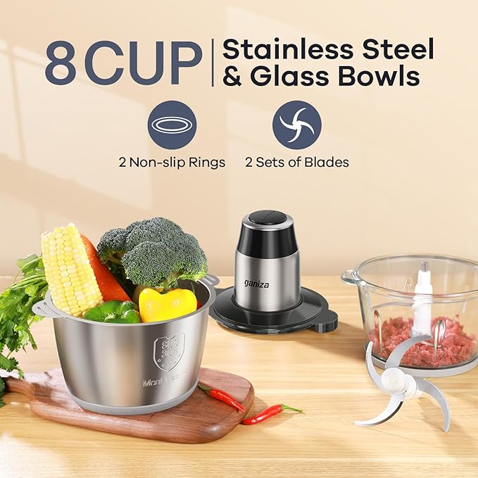 GANIZA Food Processors, Electric Food Chopper with Meat Grinder & Vegetable Chopper - 2 Bowls (8 Cup+8 Cup) with Powerful 450W Copper Motor - Includes 2 Sets of Bi-Level Blades for Fruits/Meat/Nuts