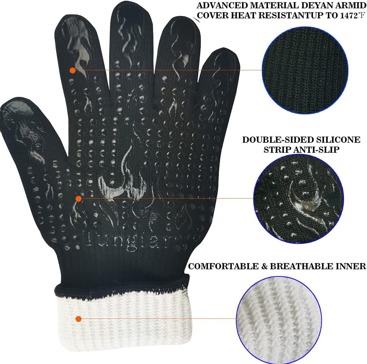 Mitts Oven Gloves with Fingers BBQ Heat Resistant Gloves Oven Gloves 1472℉ 14Inch Cut Resistant Cooking Grill Gloves Silicone Non-Slip Cooking Gloves for Grilling/Baking for Gift (Large, Black)