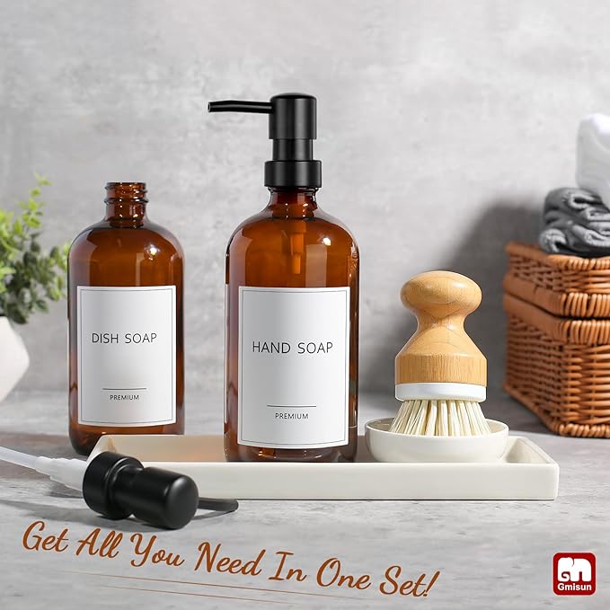 GMISUN Dish Soap Dispenser, 16 Oz Kitchen Soap Dispenser Set with Ceramic Tray & Bamboo Brush, 2 Pack Thick Amber Glass Soap Dispenser, Farmhouse Refillable Hand and Dish Liquid Soap Pump Bottle Set