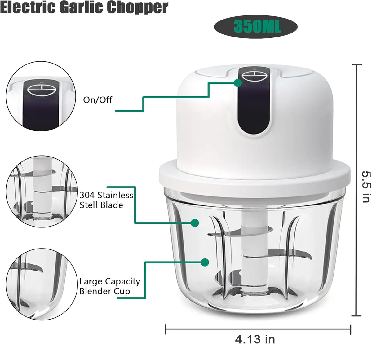 White 3 CUP Electric mini garlic crusher, USB rechargeable portable electric food crusher, wireless small kitchen processor for crushing garlic, ginger, chili, minced meat, onions, etc.(350+250+100ml)