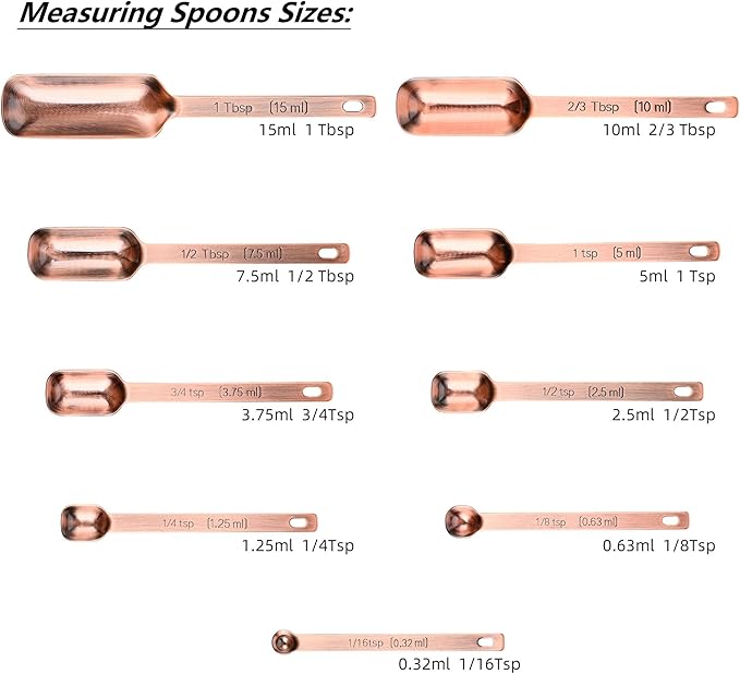 Measuring Cups and Spoons Set, Copper Plated Measuring Cups Spoons, Stainless Steel 7 Measuring cups and 9 Measuring Spoons 1 Leveler for Baking and Kitchen, Metal Copper Measure Cups&Spoons