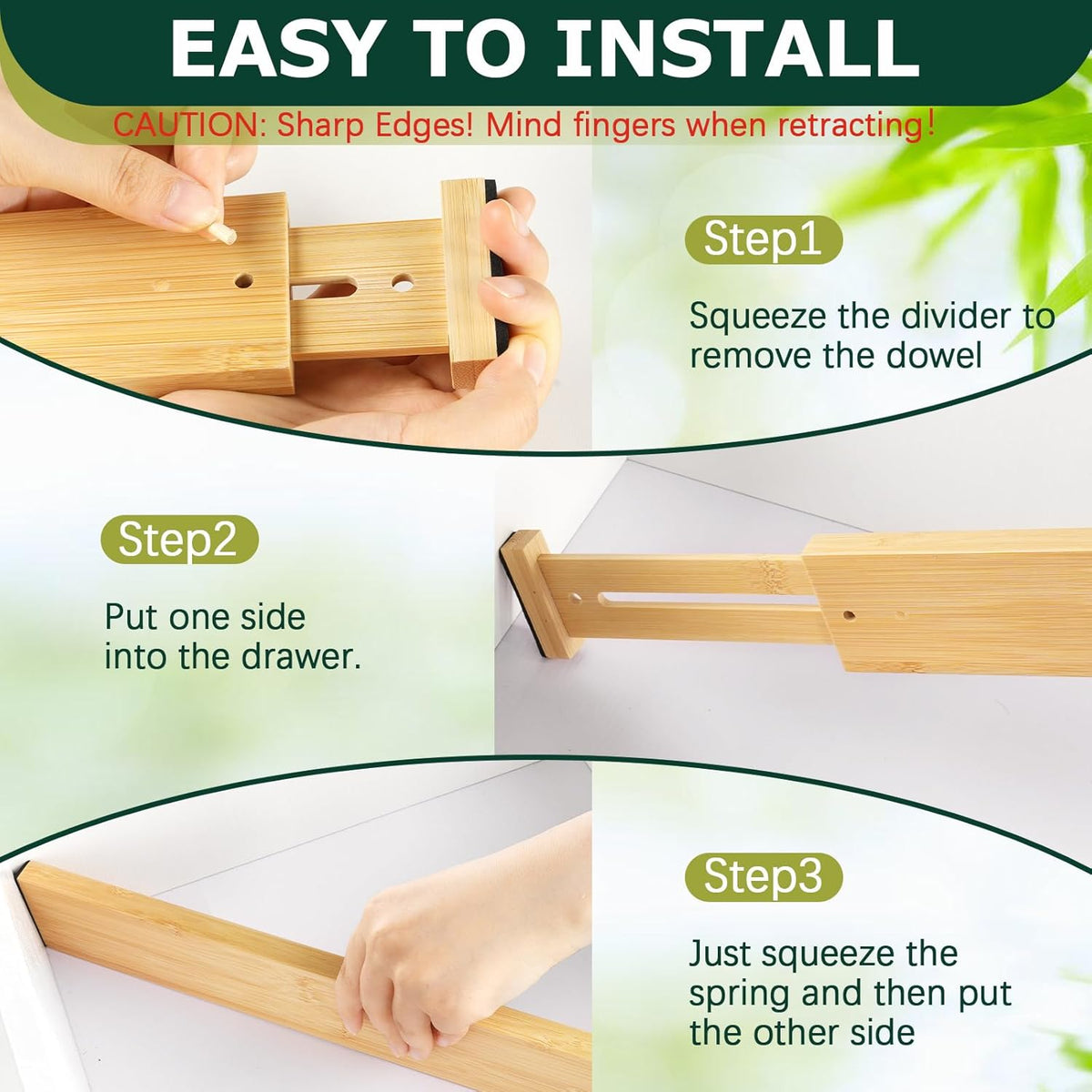 Lzerking Kitchen Drawer Dividers 6 Pack, 17-22" Adjustable Bamboo Drawer Organizers Large, Spring Loaded, Expandable Utensil Organizer, Works in Kitchen, Dresser, Closet, Bathroom, Bedroom