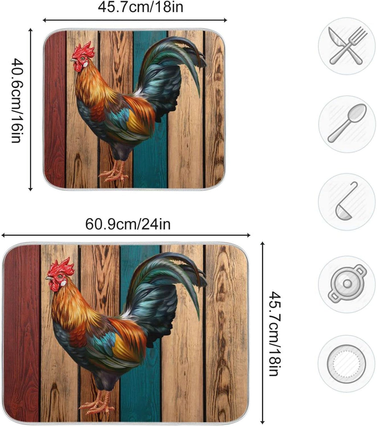 Rooster Dish Drying Mat for Kitchen Counter Farmhouse Absorbent Microfiber Drying Pad, Medium 16x18 in, Reversible Drainer Mats