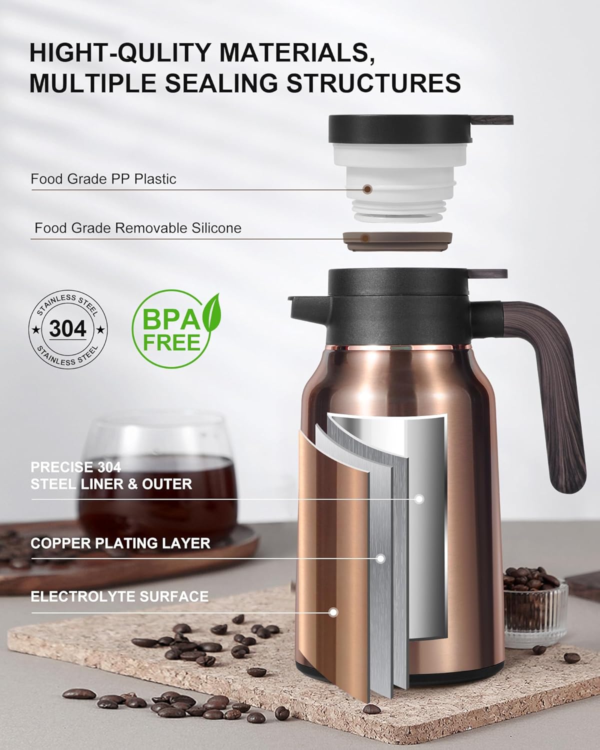 Carafes for Hot Liquids 51 oz - 12 Hour Stainless Steel Thermal Coffee Carafe-Insulated Coffee Carafes For Keeping Hot/Cold Coffee, Tea, Water, 1.5 Liter Beverage Dispenser(Gold)