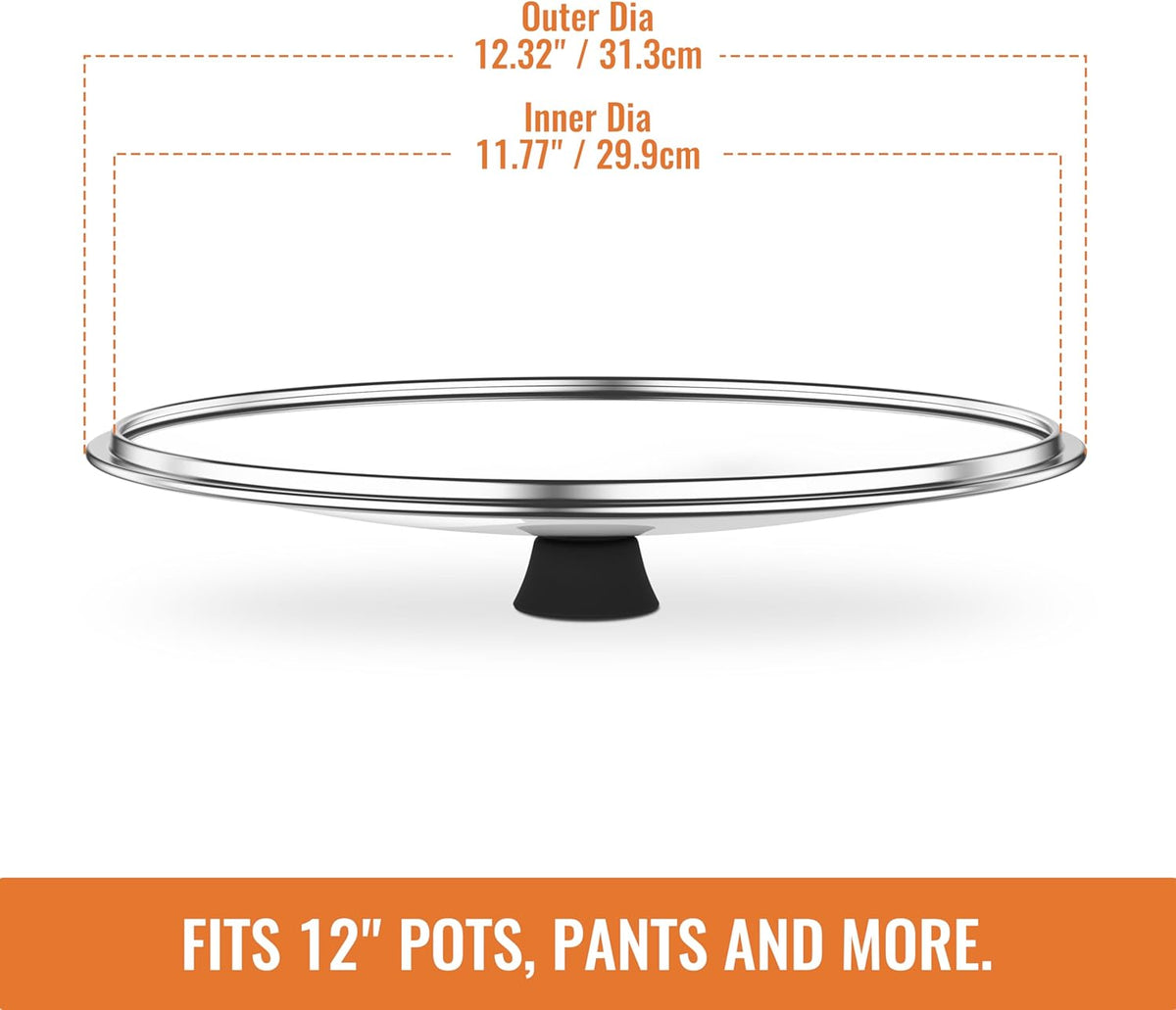 12 Inch Pan Lid For Pots Pans and Skillets, Cast Iron Skillet Lid, Large Tempered Glass Frying Pan Lids/Pot Cover Replacement, Crock Pot Lids with Wide Stainless Steel Rim, Cookware Lids Cover