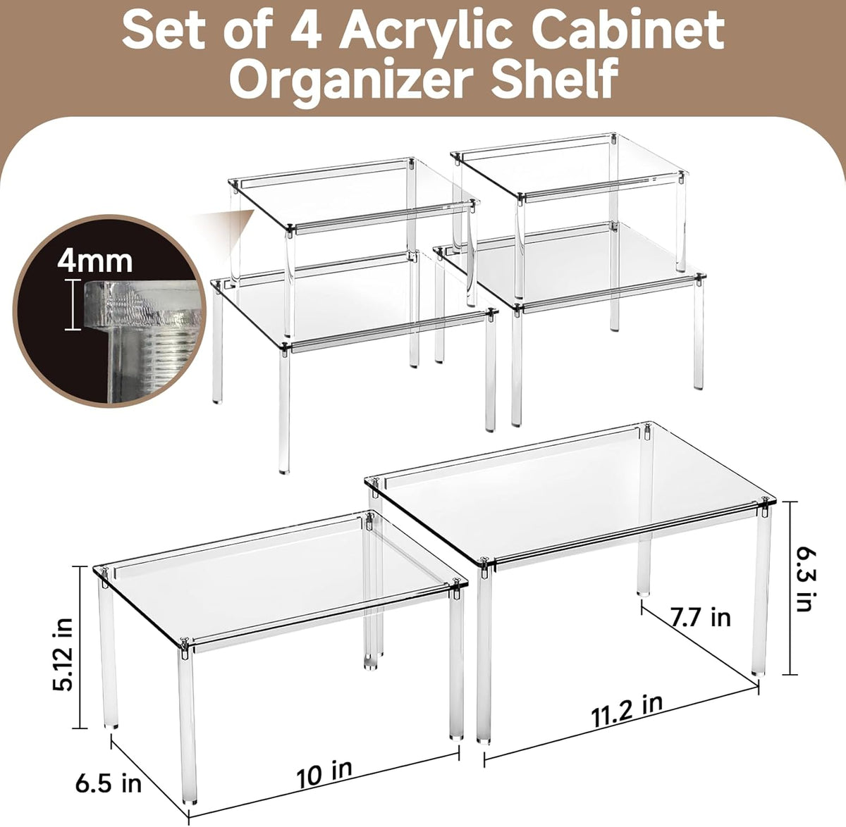 Clear Kitchen Cabinet Organizer, Set of 4 Stackable Spice Rack, Acrylic Shelves for Pantry Organizers and Storage, Tiered Spice Organization for Cabinet, Shelf Organizer for Desk Countertop