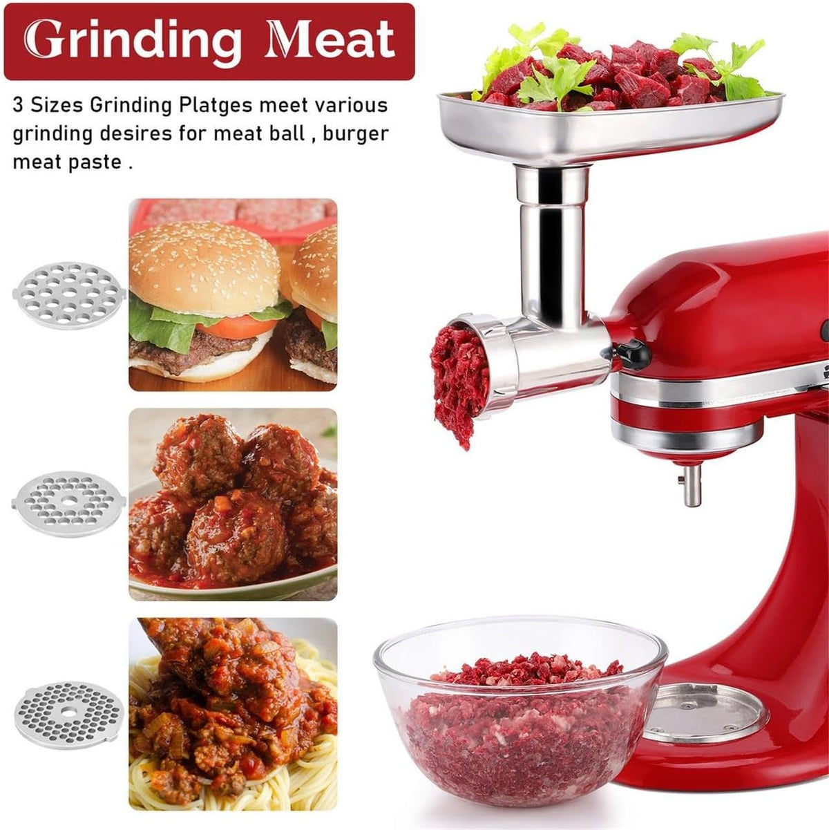 Stainless Steel Food Grinder Attachment for KitchenAid Mixers, Dishwasher Safe Meat Processor Aceesory Included 3 Sausage Stuffer Tubes