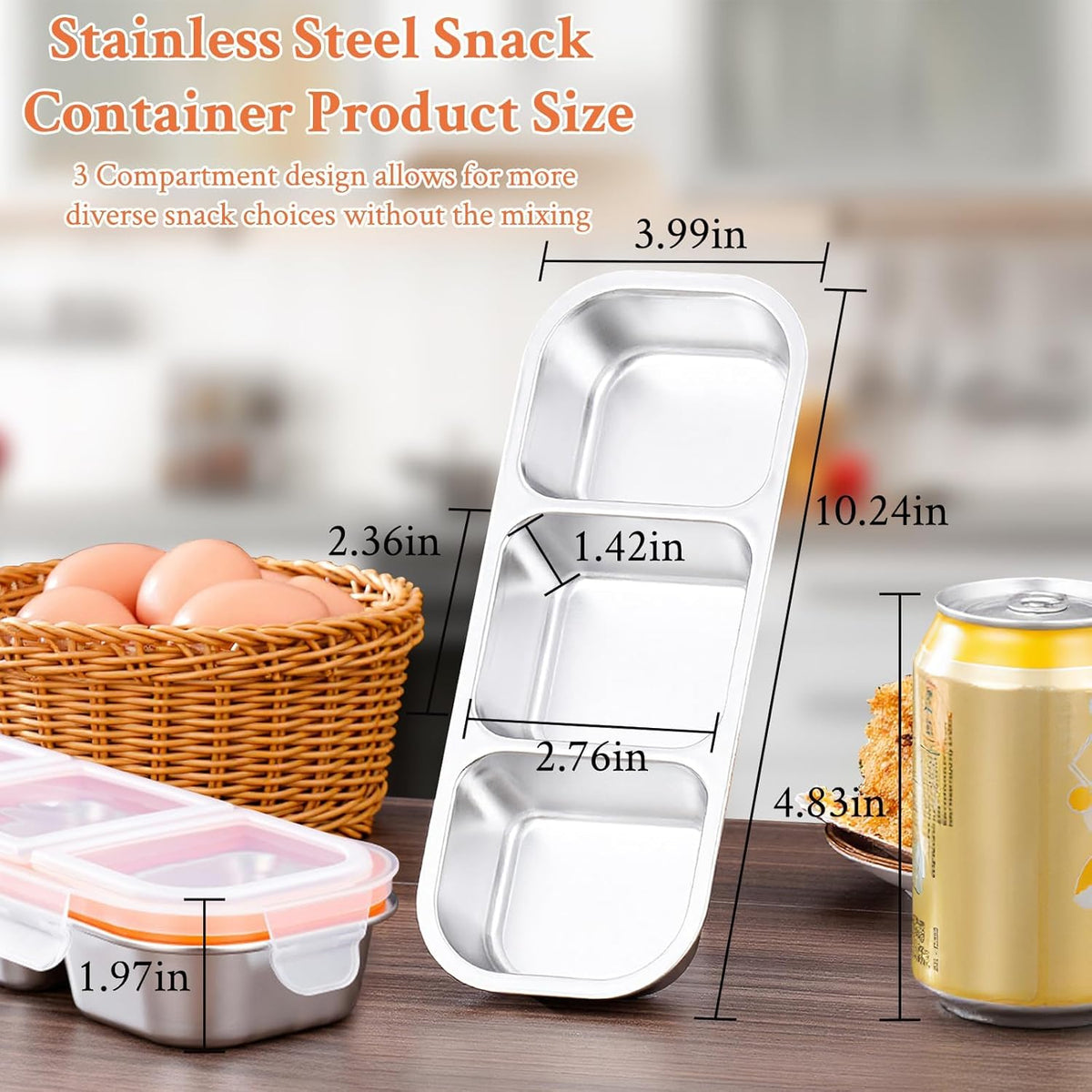 2 Pack Stainless Steel Snack Containers, 3 Compartment Snack boxes, Reusable Snack Containers with Lids for Adults - Leakproof Divided Metal Food Storage Bento Lunch Box for Work, Office, Travel
