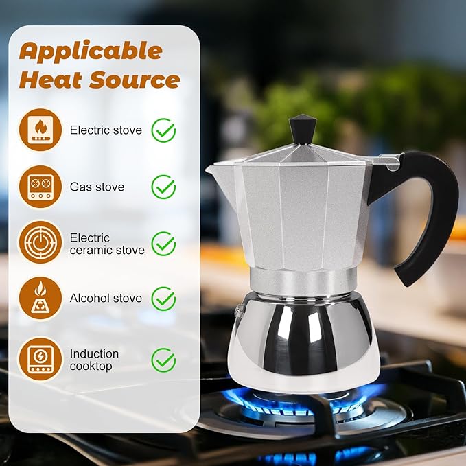 No Coating 6 Cup Aluminum and Stainless Steel Moka Pot Stovetop Espresso Maker Italian Coffee Machine 350ml 11.84oz Suitable for Gas Induction Stovetop Greca Coffee Maker Percolator Silver