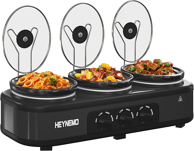 Triple Slow Cooker, 3×1.5 QT Buffet Servers and Warmers, 3 Pots Buffet Slow Cooker Adjustable Temp Lid Rests Stainless Steel Black