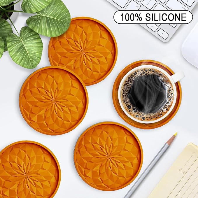 ME.FAN Silicone Coasters with Holder,[6 Pack] Drinking Coasters - Cup Mat for Hot or Cold Drinks, Thickened, Non-Slip, Non-stick,Deep Tray Orange