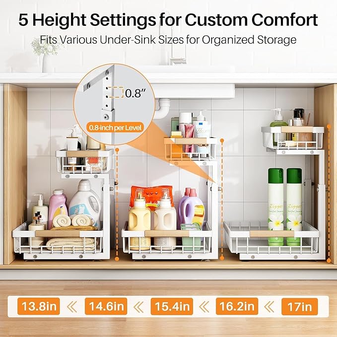 PXRACK 2 Pack Under Sink Organizer,Adjustable Height,2 Tier Pull Out Under Cabinet Organizer,Slide Out Thickened Metal Under Sink Storage for Kitchen Bathroom Laundry Cabinet Pantry,White(S)