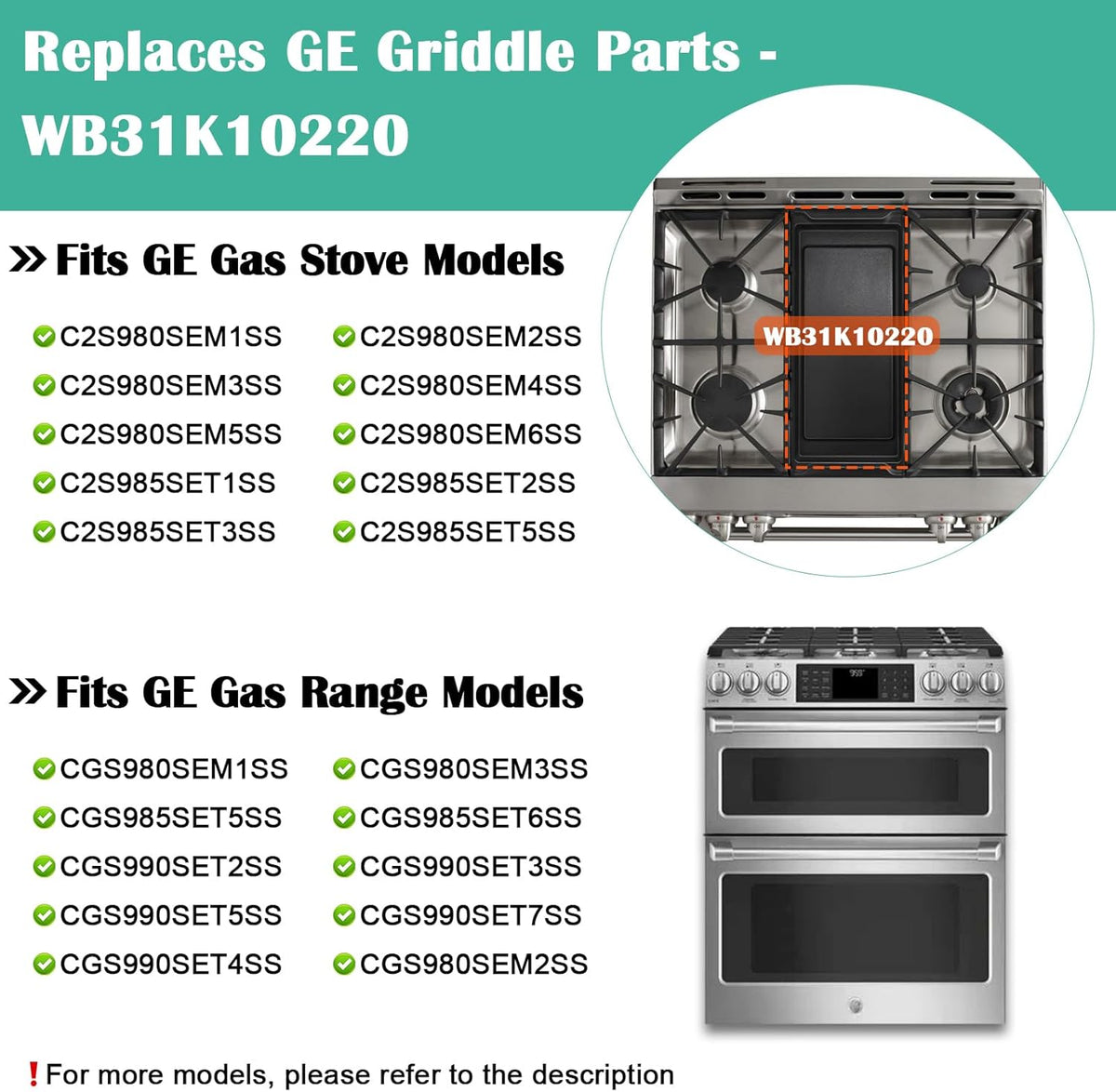 Hiorucet WB31K10220 Cast Iron Griddle Replacement for GE Gas Stove Top and Gas Range, General Electric C2S980SEM1SS, C2S980SEM2SS, C2S985SET9SS Griddle Plate, 20 Inch Range Center Flat Cooktop for GE.
