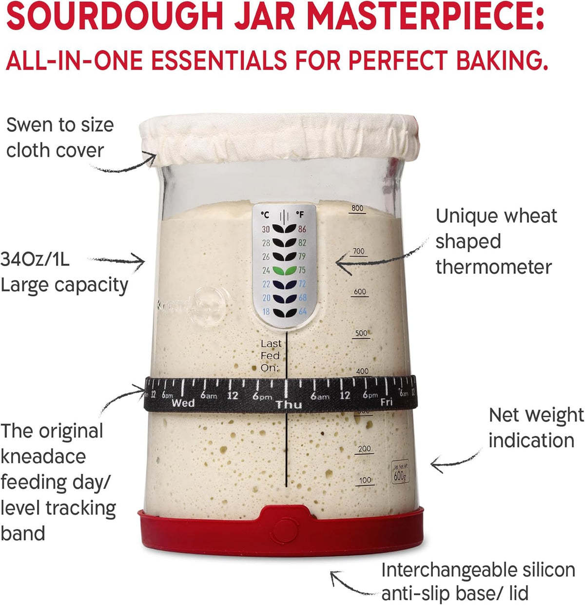 KneadAce Sourdough Starter Kit (PRO 34oz Jar, 2xRound Baskets, Red Bread Lame)