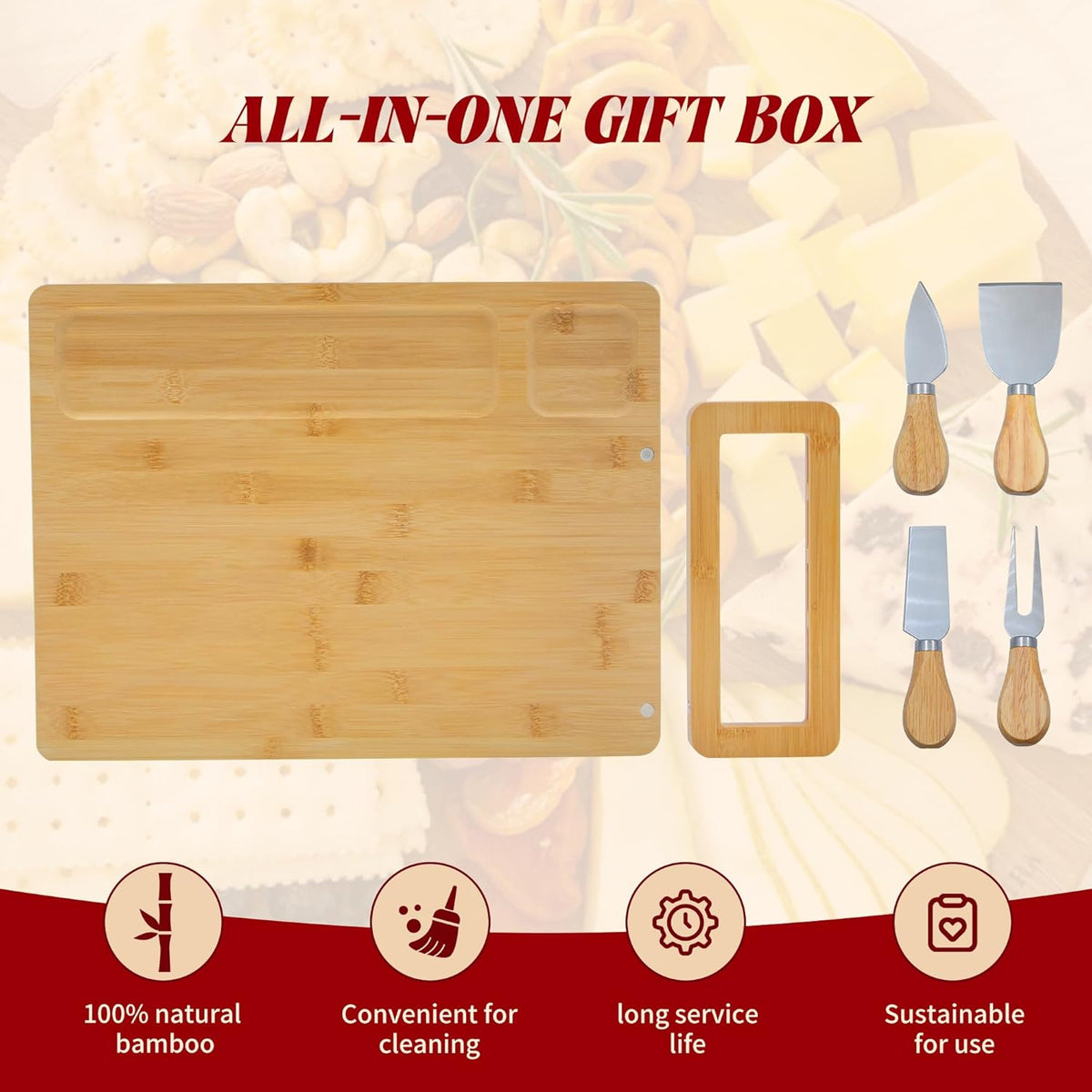 Bamboo Charcuterie Boards Cheese Board Knife Set14‘’x11‘’,House Warming Gifts for New Home Gift for Mom Couples Bridal Shower Bridesmaid Gifts (13 x 10 x 0.59 inches)