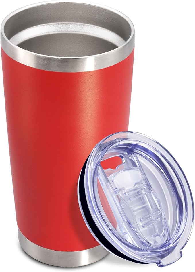 20 oz Tumbler Coffee Travel Tumblers Bulk with Lid Stainless Steel Double Wall Vacuum Insulated Mug Powder Coated Cups fit Car Cupholder for Hot and Cold - Red, 1Pack