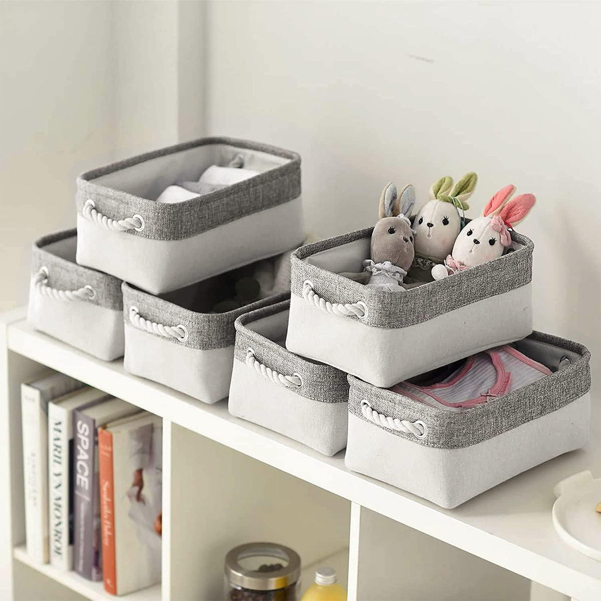 Storage Bins - Storage Baskets for Shelves Storage Cubes with Handles Small Baskets for Organizing (Gray and White 11.8 x 7.9 x 5.2 inch)