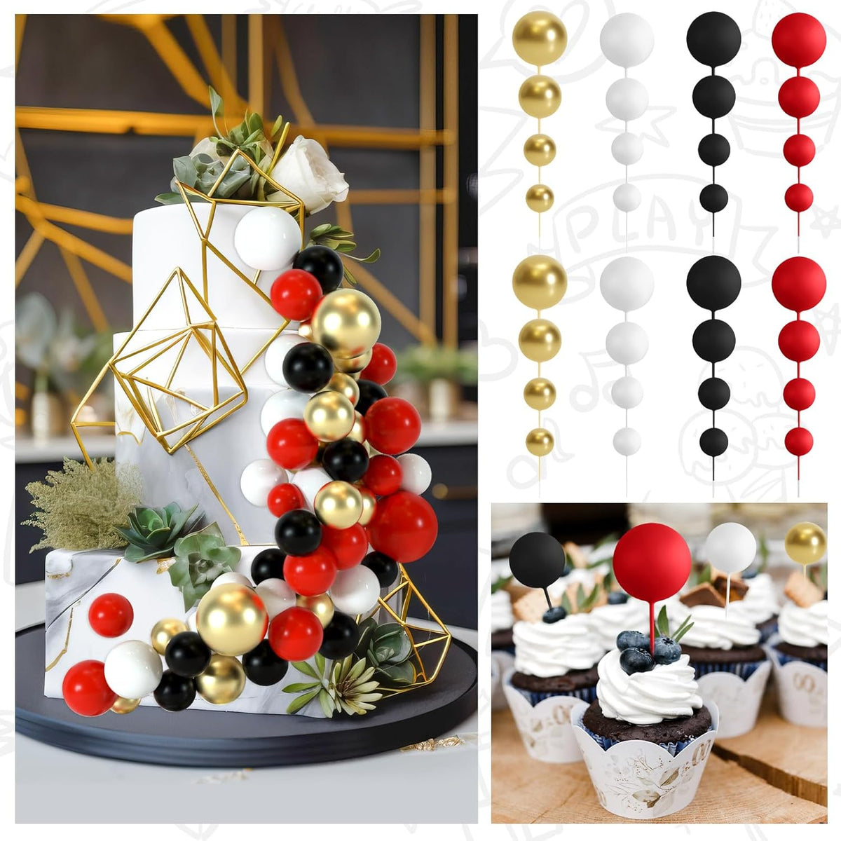 48 Pcs Balls Cake Topper Decorations Balloon Cupcake Toppers Foam Cake Topper Balls Cake Balls Decorations for Birthday Party Wedding Cake Decorating (Black, Red, White, Gold)