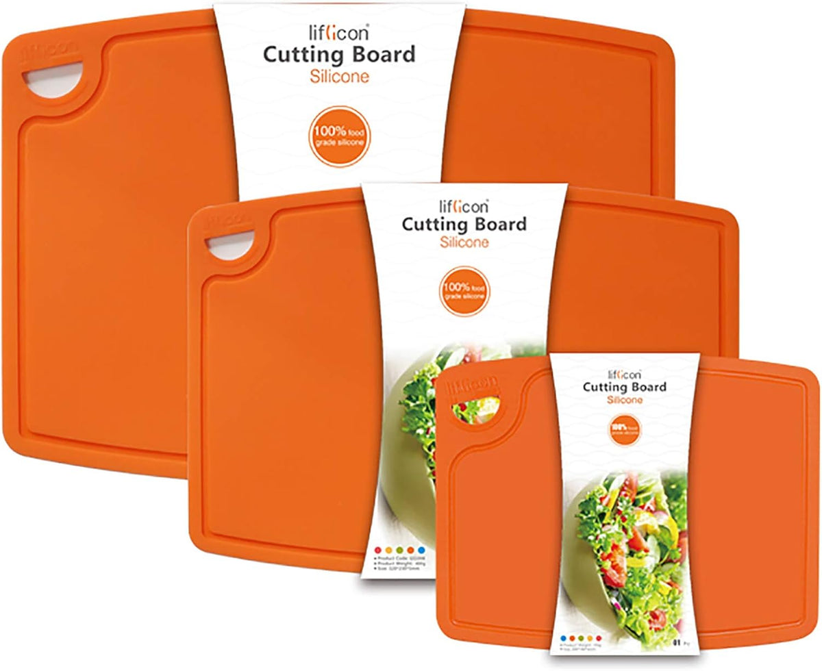 Silicone Thick Cutting Boards Mats Set of 3pcs Foldable & Flexible Design Juice Grooves Easy Grip Handle Dishwasher Safe for Kitchen,BPA free Chif-Orange
