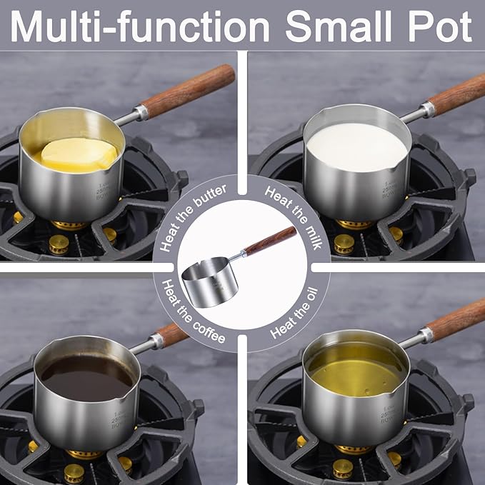 stainless steel mini pot - butter warmer, 8.5fl oz (250ml) coffee/milk warmer, mini sauce pan for coffee, ideal for seafood butter warmers,melting pot With dual spouts and wooden handle