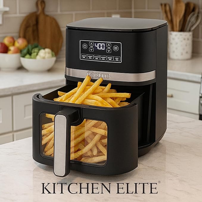 Kitchen Elite 5 Qt Large Digital Air Fryer Oven Family Size Countertop Oil-Free Cooker with Viewing Window & Light, PFAS-Free Nonstick Basket, Black