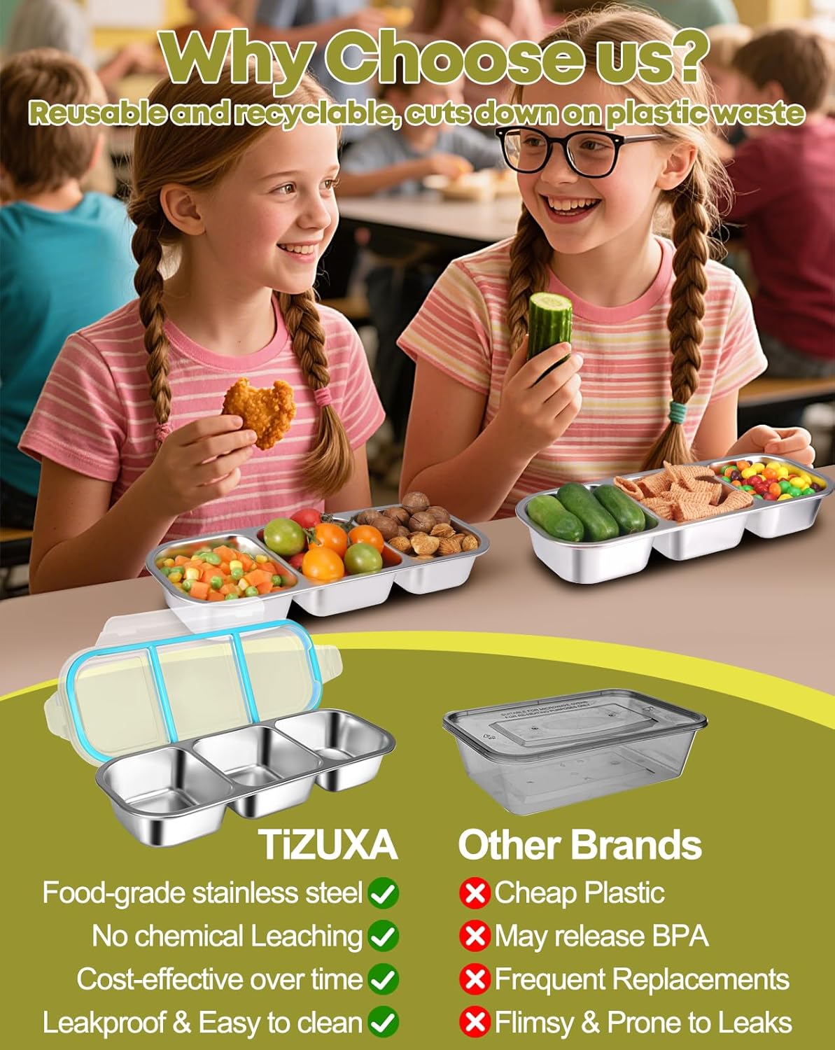 2Pack Stainless Steel Snack Containers for Kids Adults, Reusable 3 Compartment Snackle Box Container with Leakproof Lids Metal Bento Lunch Boxs Food Storage Containers for Travel Picnics Office School