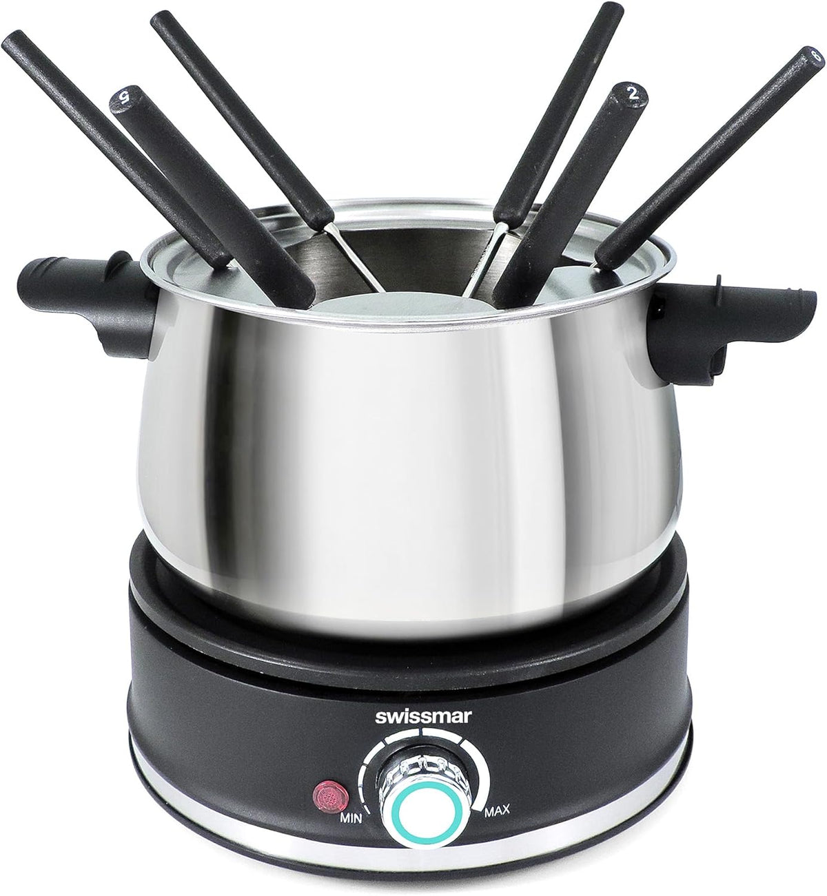 Swissmar Arolla 10 Pieces Stainless Steel Electric Fondue Set - Perfect Fondue Pot Electric Set for Cheese, Caramel, Chocolate, Oil, Broth & More - Gift Ideas for Wedding, House Warming, 2.1 Qt / 2L