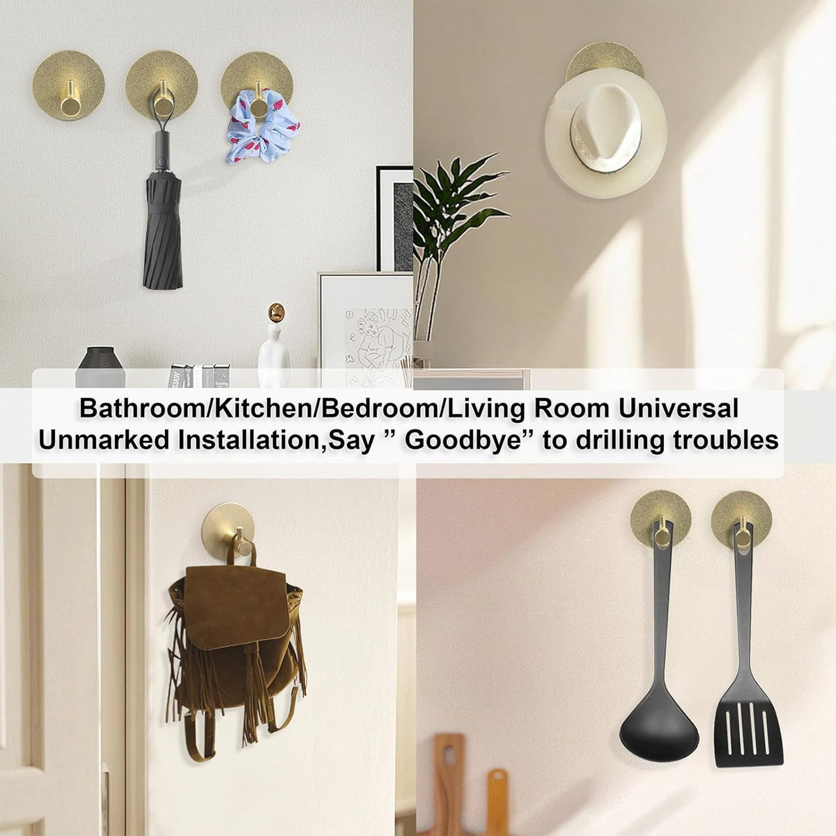 Aluminum Wall Hooks, No Drill Damage-Free Adhesive Hook, Product for Hanging Heavy Duty for Bathroom Kitchen Home (Single Round Gold Hook, 4)
